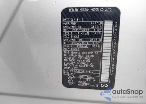 2019 Infiniti Qx50 Essential z USA, uszkodzony, nr VIN 3PCAJ5M19KF118876